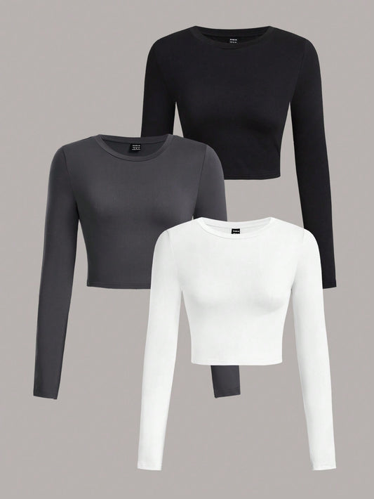 Comfortcana 3Pcs/Set Casual Minimalist Crew Neck Long Sleeve Cropped Fitted Women T-Shirts, Suitable for Spring & Autumn