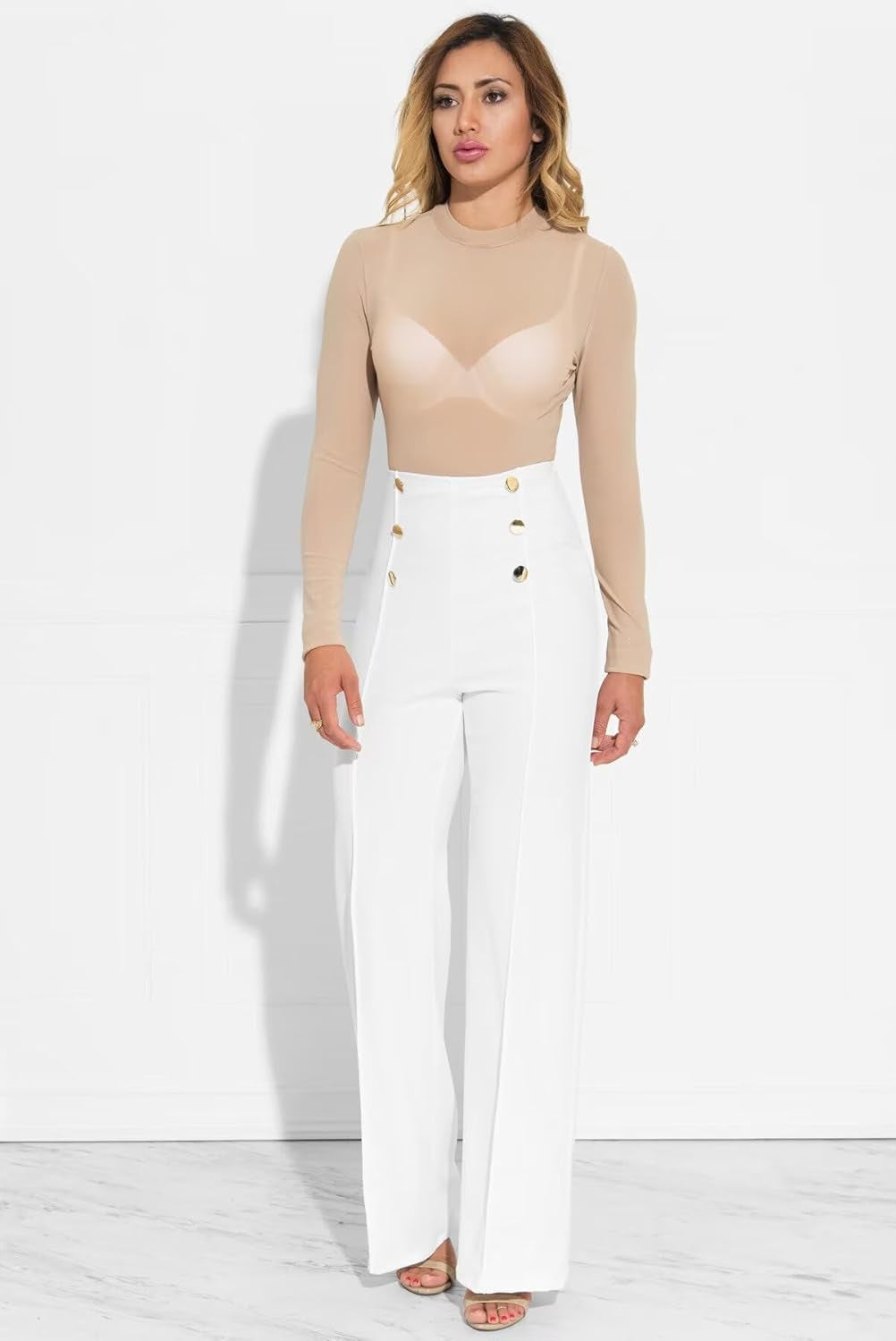 Empress Stretchy High Waisted Wide Leg Button-Down Pants with flare