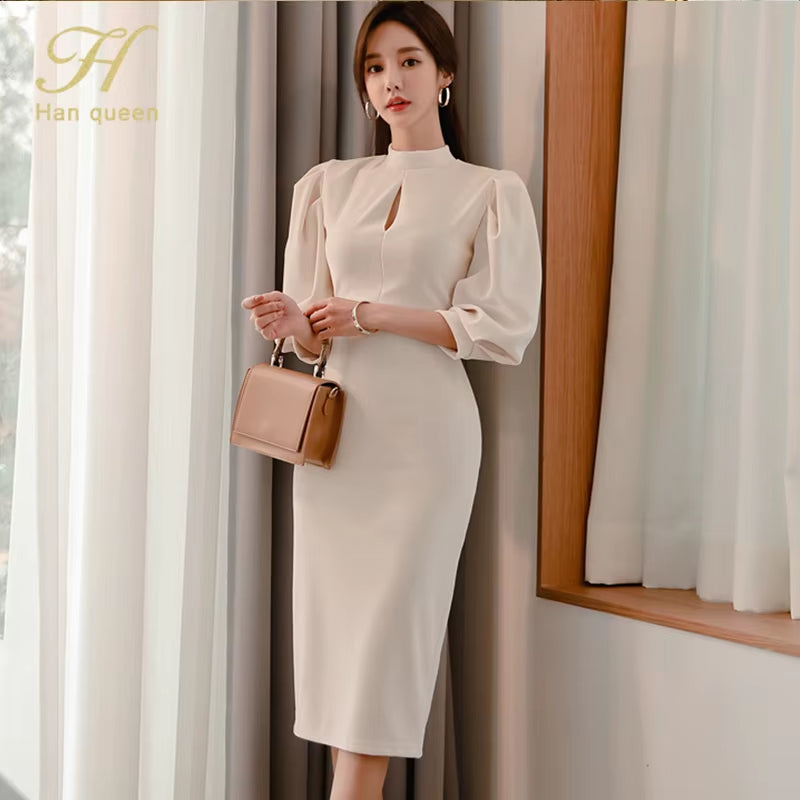 Hot Sale Autumn Fashion Stand Collar Puff Sleeve Female Pencil Bodycon Dress Slim Solid Color Midi Casual Dresses