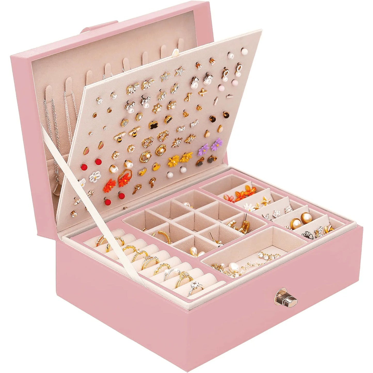 2 Layer Jewelry Empress Box, Versatile Leather Storage for Women in Pink