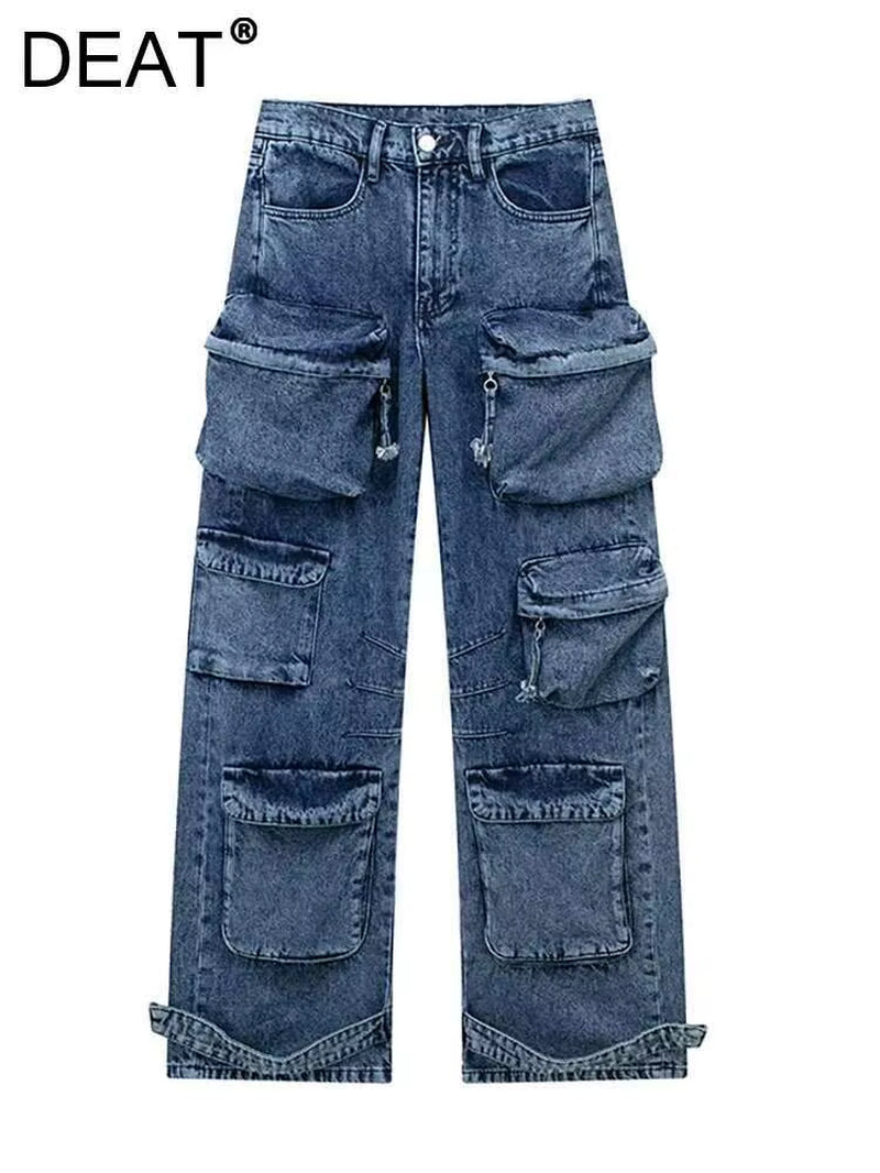 Women'S Jeans High Waist Solid Color Multiple Pockets Straight Wide Leg Cargo Denim Pants 2026 Summer New Fashion 29L6499