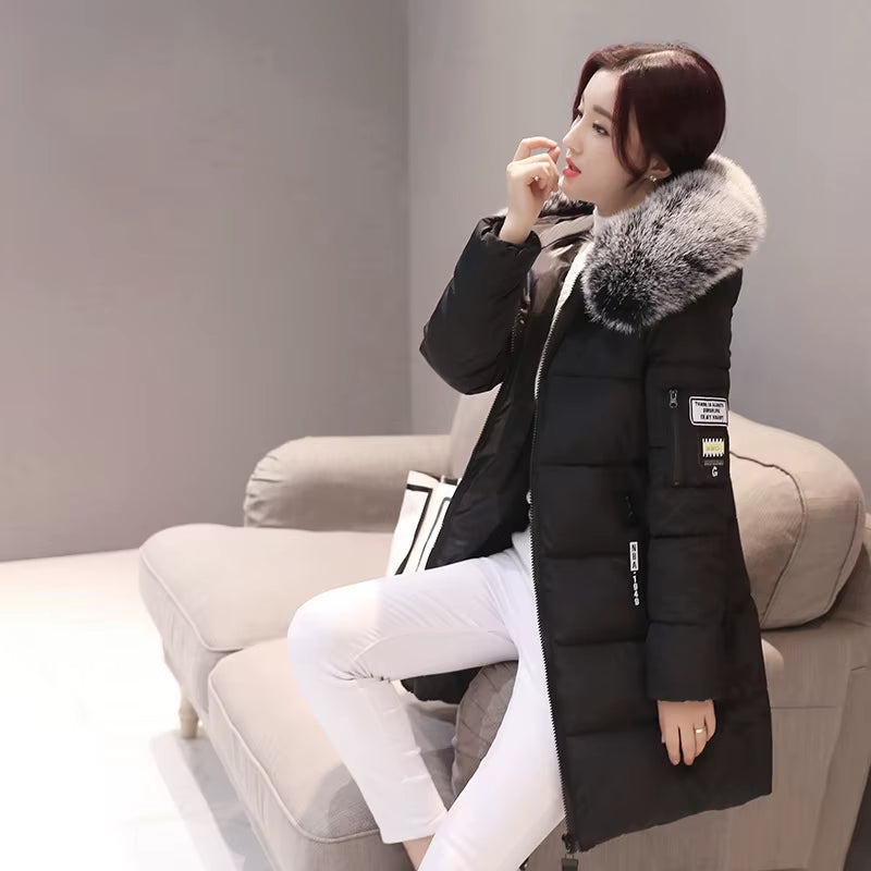 2024 Winter Women Parka Coats Long Cotton Casual Fur Hooded Jackets Thick Warm Slim-Fit Jacket Female Overcoat Clothing