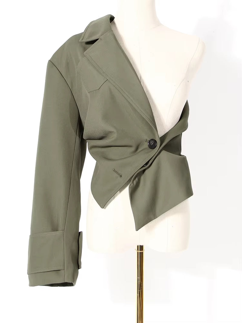 [] Women Green Irregular Big Size Trench New Lapel Long Sleeve Loose Fit Windbreaker Fashion Tide Spring Autumn 2026 1DE2795