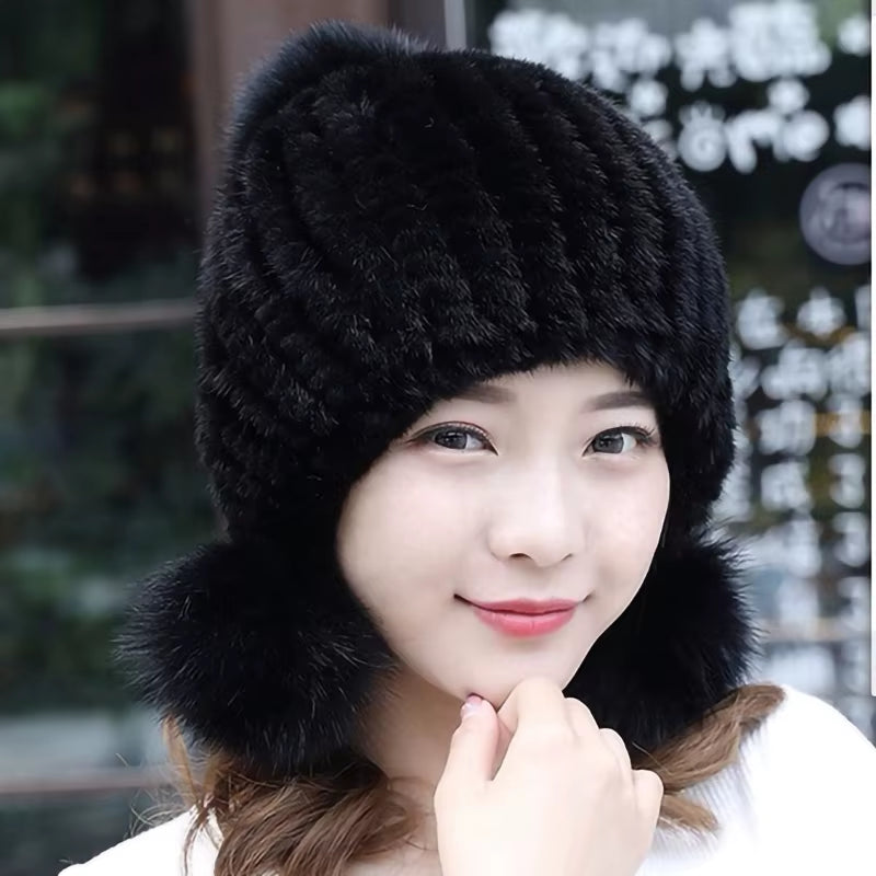 Fashion Women Real Mink Hat Winter Warm Mink Fur Knit Hats Women Fox Fur Ball Cap