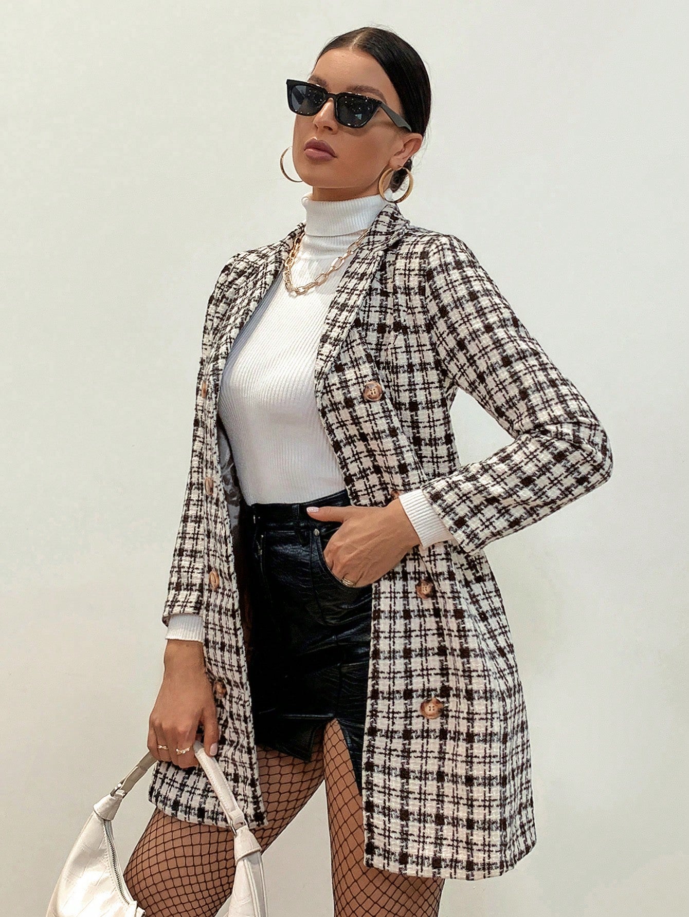 Chic Aveloria Plaid Double Breasted Tweed Overcoat for Women - Elegant Regular Fit Workwear in Apricot