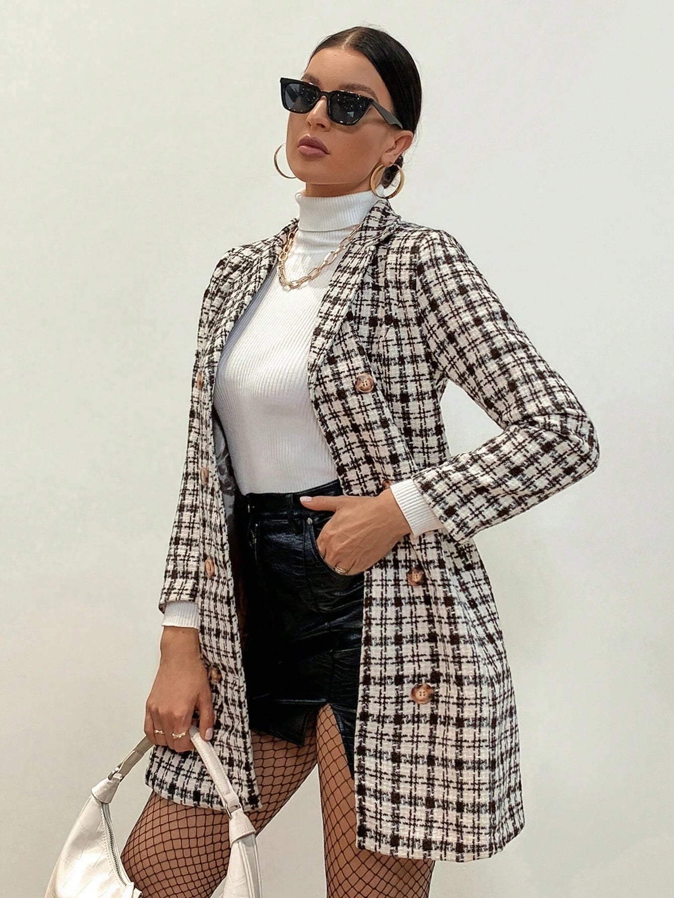 Chic Aveloria Plaid Double Breasted Tweed Overcoat for Women - Elegant Regular Fit Workwear in Apricot
