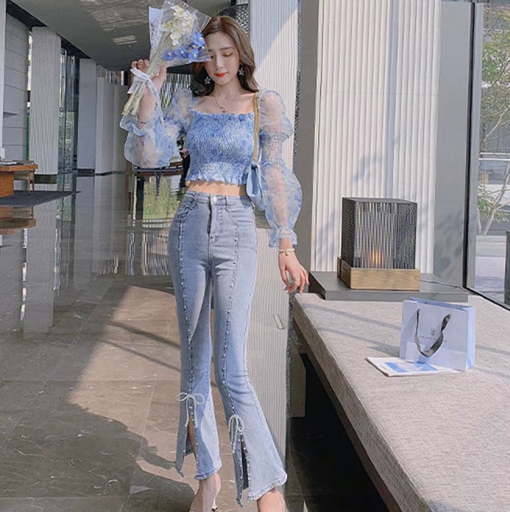 Korean Spring Autumn Sweet High Waist Split Denim Pants Women Elegant Chic Beading Bowknot Boot Cut Pants Vintage Fairy Jeans
