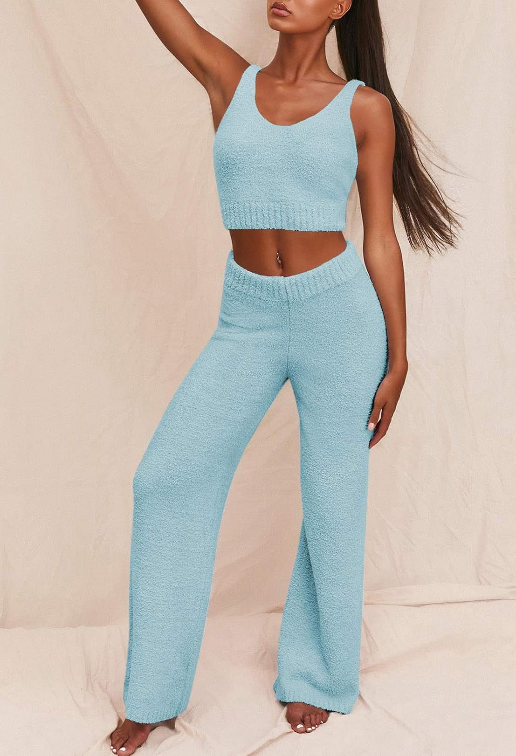 Cozy and Chic Women's Fuzzy 3-Piece Lounge Set: Cardigan, Crop Tank, and Wide-Leg Pants for Ultimate Relaxation