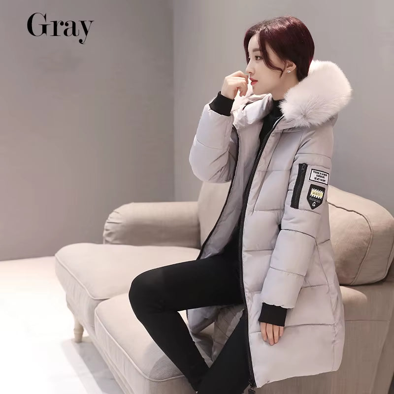 2024 Winter Women Parka Coats Long Cotton Casual Fur Hooded Jackets Thick Warm Slim-Fit Jacket Female Overcoat Clothing