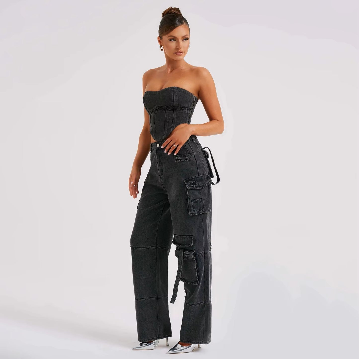Cargo Casual Baggy Jeans for Women Spring/Autumn Pocket Patchwork Cargo