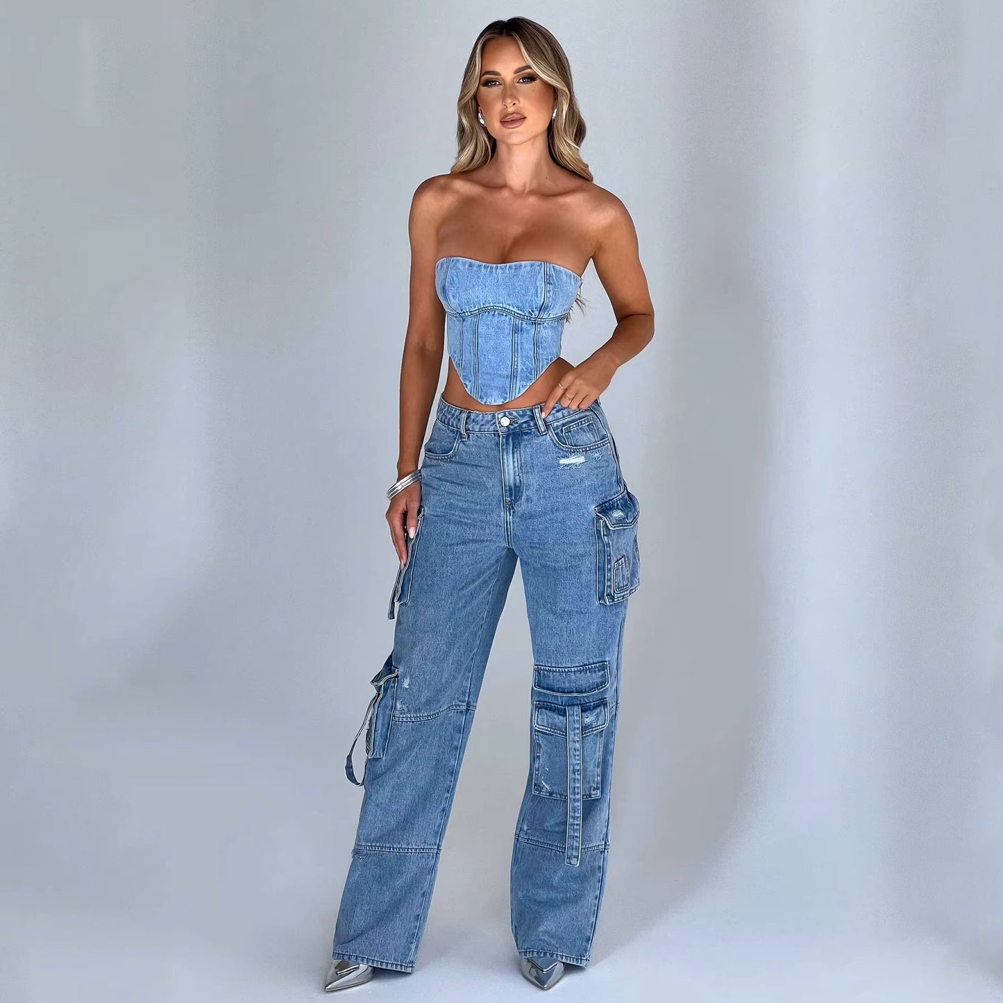 Cargo Casual Baggy Jeans for Women Spring/Autumn Pocket Patchwork Cargo