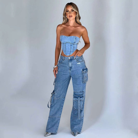 Cargo Casual Baggy Jeans for Women Spring/Autumn Pocket Patchwork Cargo