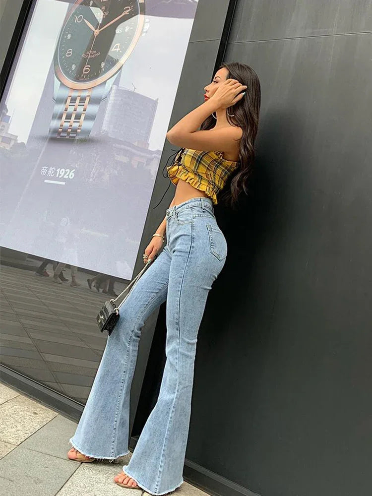 Channel Your Inner Trendsetter with Vintage Y2K Flare Jeans - The Ultimate High-Waisted Must-Have for Modern Street Style!