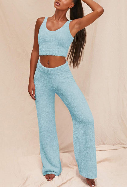 Cozy and Chic Women's Fuzzy 3-Piece Lounge Set: Cardigan, Crop Tank, and Wide-Leg Pants for Ultimate Relaxation