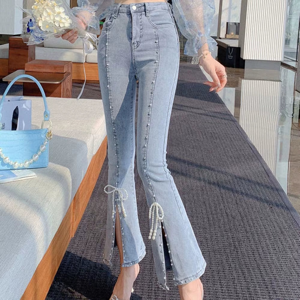 Korean Spring Autumn Sweet High Waist Split Denim Pants Women Elegant Chic Beading Bowknot Boot Cut Pants Vintage Fairy Jeans