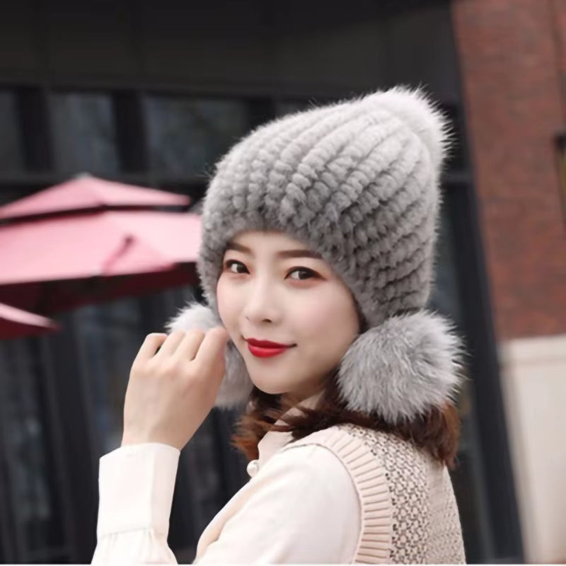Fashion Women Real Mink Hat Winter Warm Mink Fur Knit Hats Women Fox Fur Ball Cap
