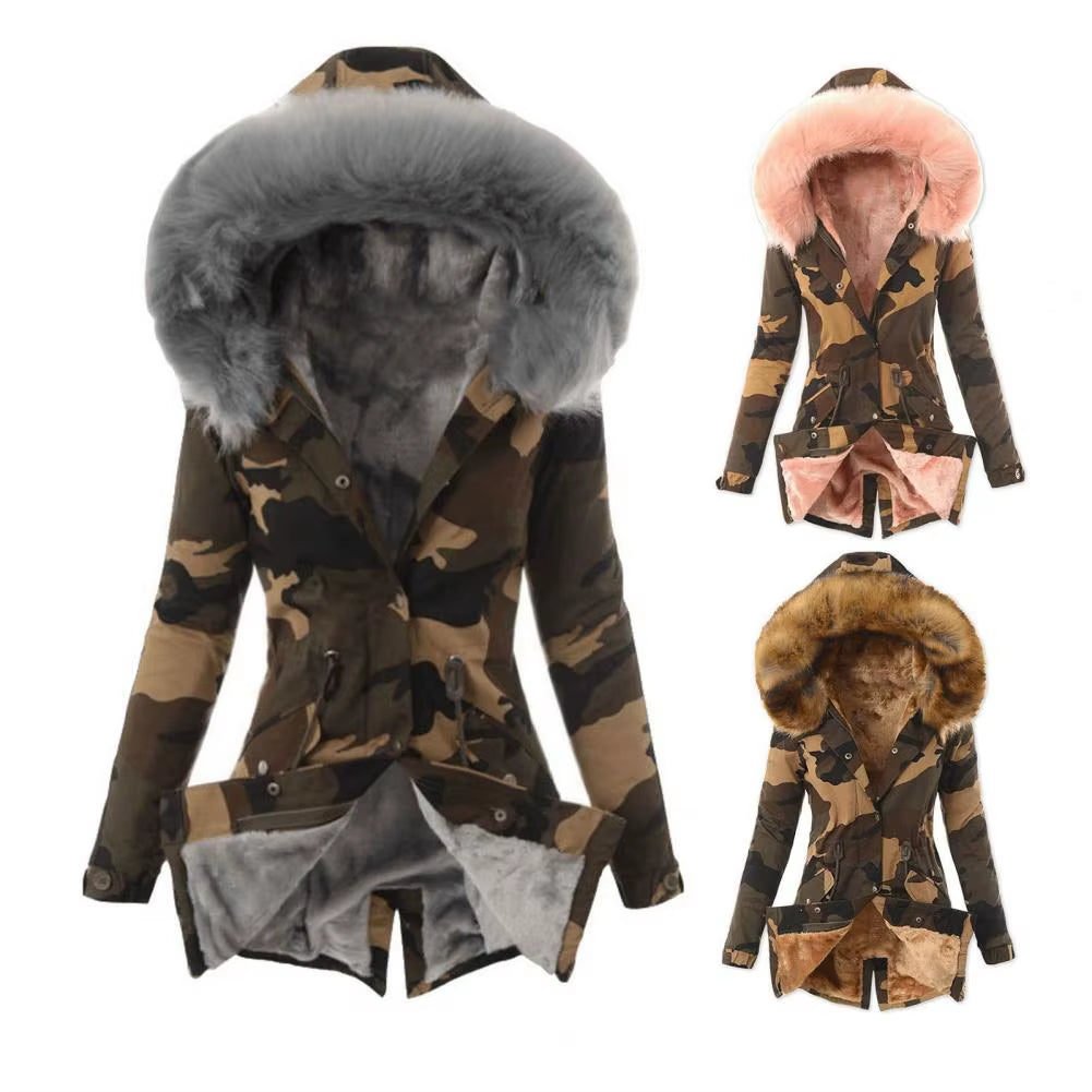 Stay Warm and Stylish: Trendy Thickened Fleece Lined Women’s Camouflage Jacket with Turtleneck and Button Closure