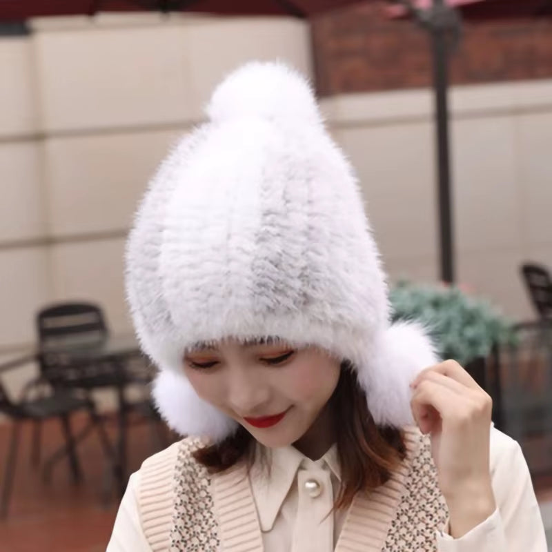 Fashion Women Real Mink Hat Winter Warm Mink Fur Knit Hats Women Fox Fur Ball Cap