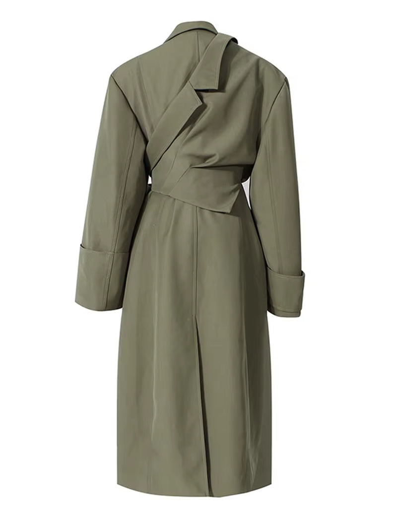 [] Women Green Irregular Big Size Trench New Lapel Long Sleeve Loose Fit Windbreaker Fashion Tide Spring Autumn 2026 1DE2795