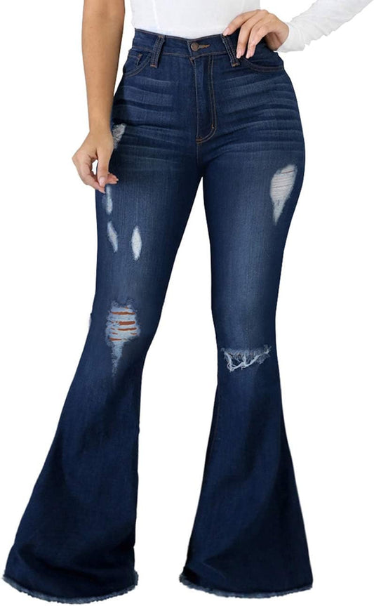 Women Bell Bottom Jeans Elastic Waist Ripped Flared Jean Destroyed Raw Hem Denim Pants