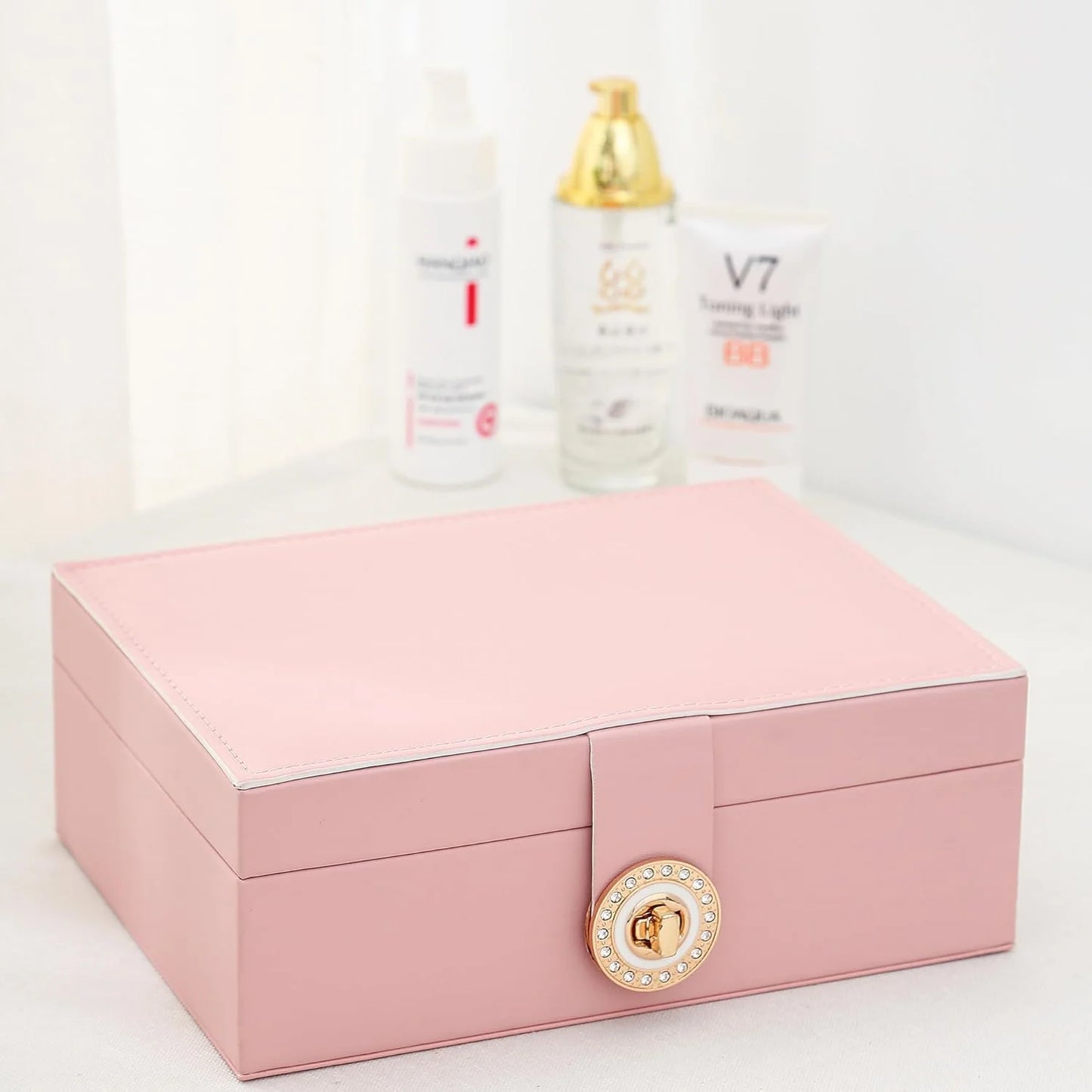 2 Layer Jewelry Empress Box, Versatile Leather Storage for Women in Pink