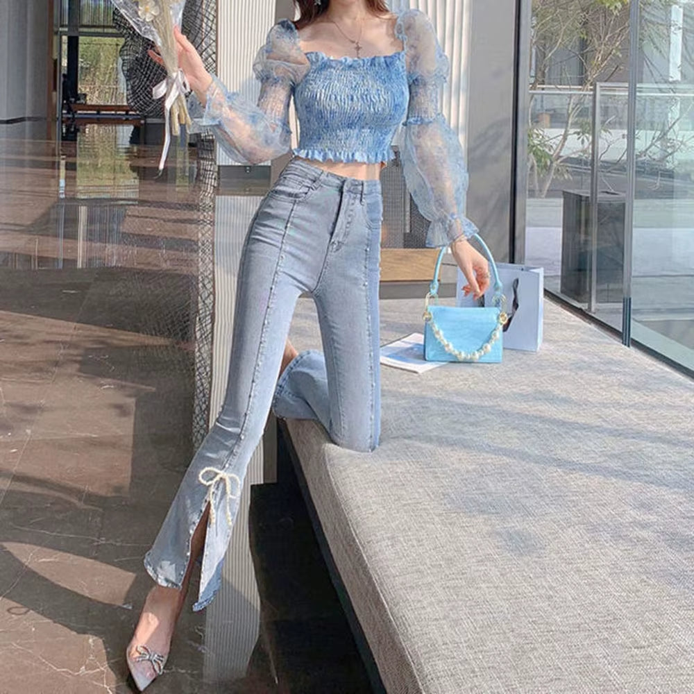 Korean Spring Autumn Sweet High Waist Split Denim Pants Women Elegant Chic Beading Bowknot Boot Cut Pants Vintage Fairy Jeans
