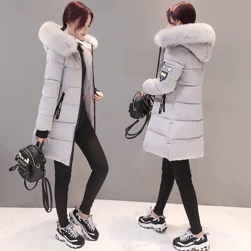 2024 Winter Women Parka Coats Long Cotton Casual Fur Hooded Jackets Thick Warm Slim-Fit Jacket Female Overcoat Clothing