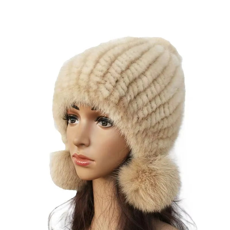 Fashion Women Real Mink Hat Winter Warm Mink Fur Knit Hats Women Fox Fur Ball Cap