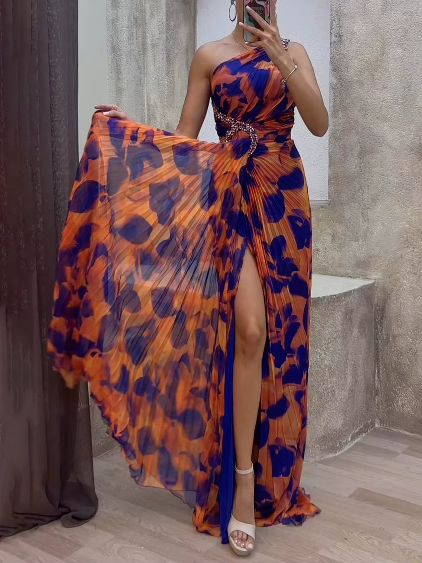 Step Out in Style: Krismile One Shoulder Leopard Pleated Maxi Dress for Women - Perfect for Evening Parties and Summer Events!