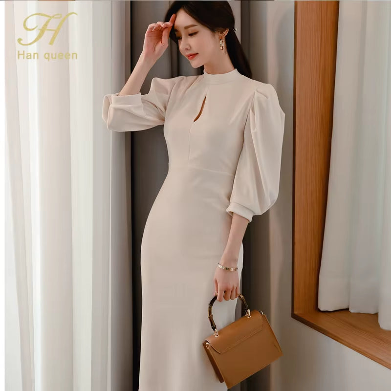 Hot Sale Autumn Fashion Stand Collar Puff Sleeve Female Pencil Bodycon Dress Slim Solid Color Midi Casual Dresses