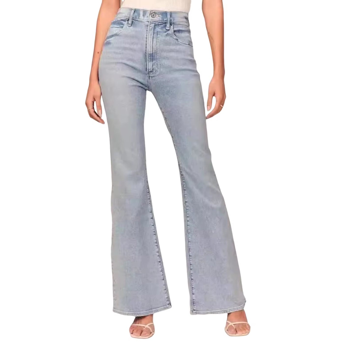 Mid Waisted Stretch Flare Jeans Women Denim Pants Wide Leg Butt-Lifted Casual Korean Style Skinny Bell Bottom Pocket Trousers
