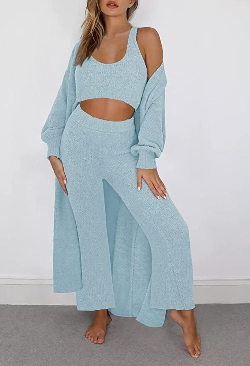 Cozy and Chic Women's Fuzzy 3-Piece Lounge Set: Cardigan, Crop Tank, and Wide-Leg Pants for Ultimate Relaxation