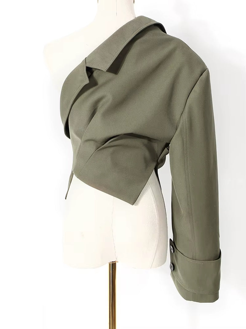 [] Women Green Irregular Big Size Trench New Lapel Long Sleeve Loose Fit Windbreaker Fashion Tide Spring Autumn 2026 1DE2795