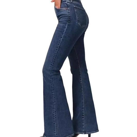 Mid Waisted Stretch Flare Jeans Women Denim Pants Wide Leg Butt-Lifted Casual Korean Style Skinny Bell Bottom Pocket Trousers
