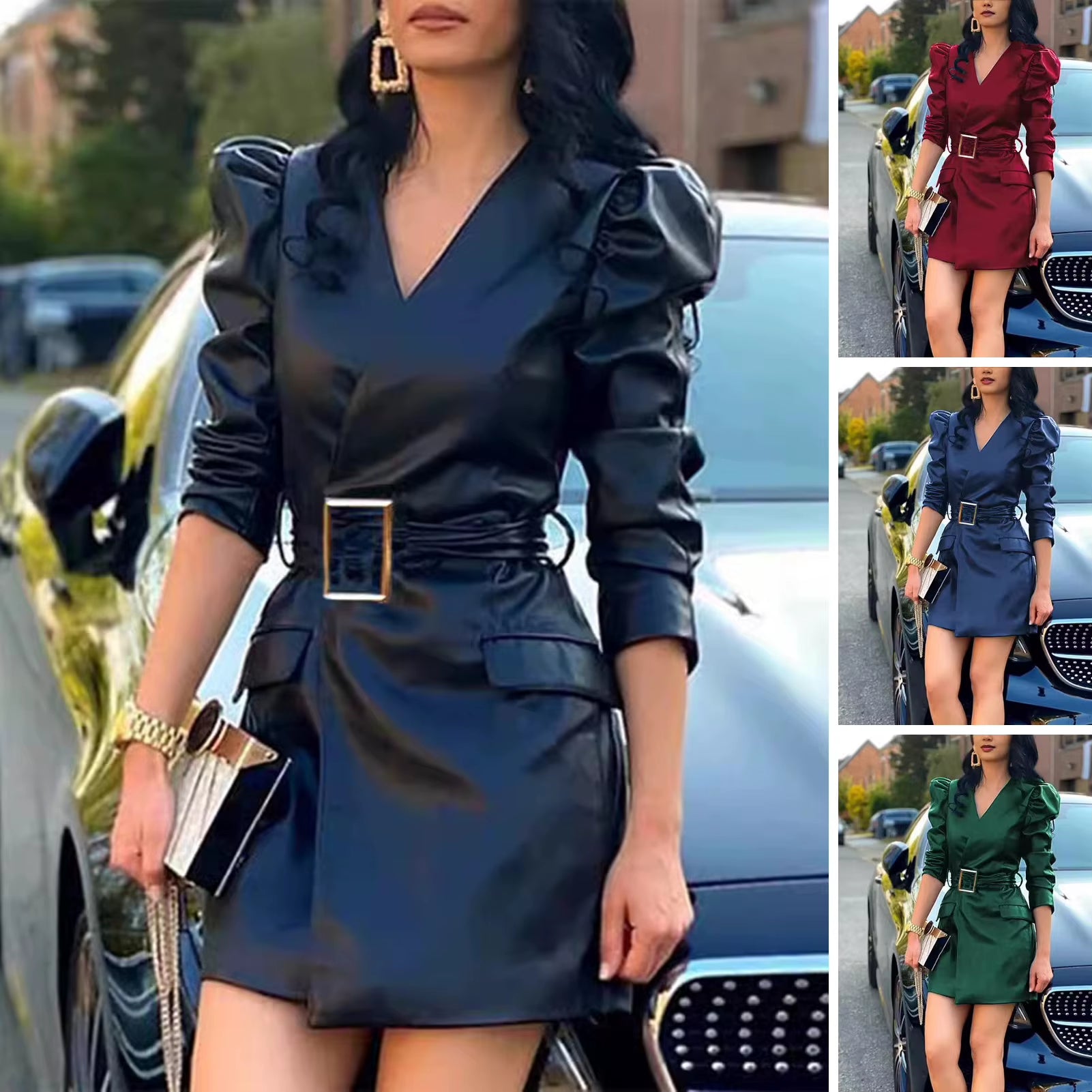 Fashion Dresses Women Lace Long Sleeve Zipper Pocket Large Hem Faux Leather Mini Dress Party Elegant Slim Sexy Women Dress