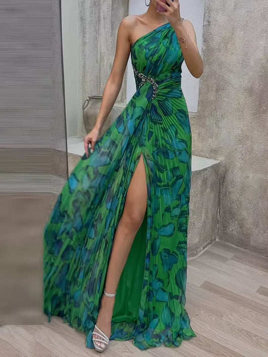 Step Out in Style: Krismile One Shoulder Leopard Pleated Maxi Dress for Women - Perfect for Evening Parties and Summer Events!