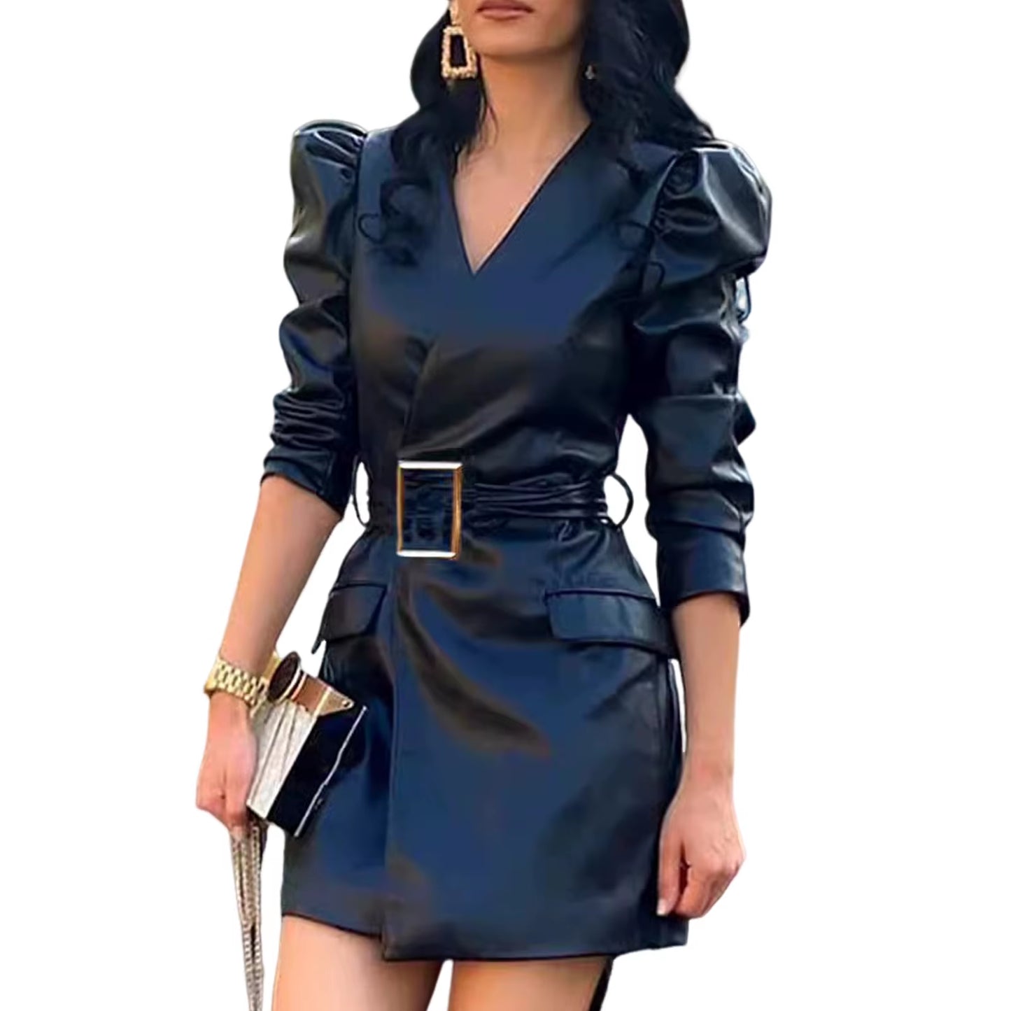 Fashion Dresses Women Lace Long Sleeve Zipper Pocket Large Hem Faux Leather Mini Dress Party Elegant Slim Sexy Women Dress
