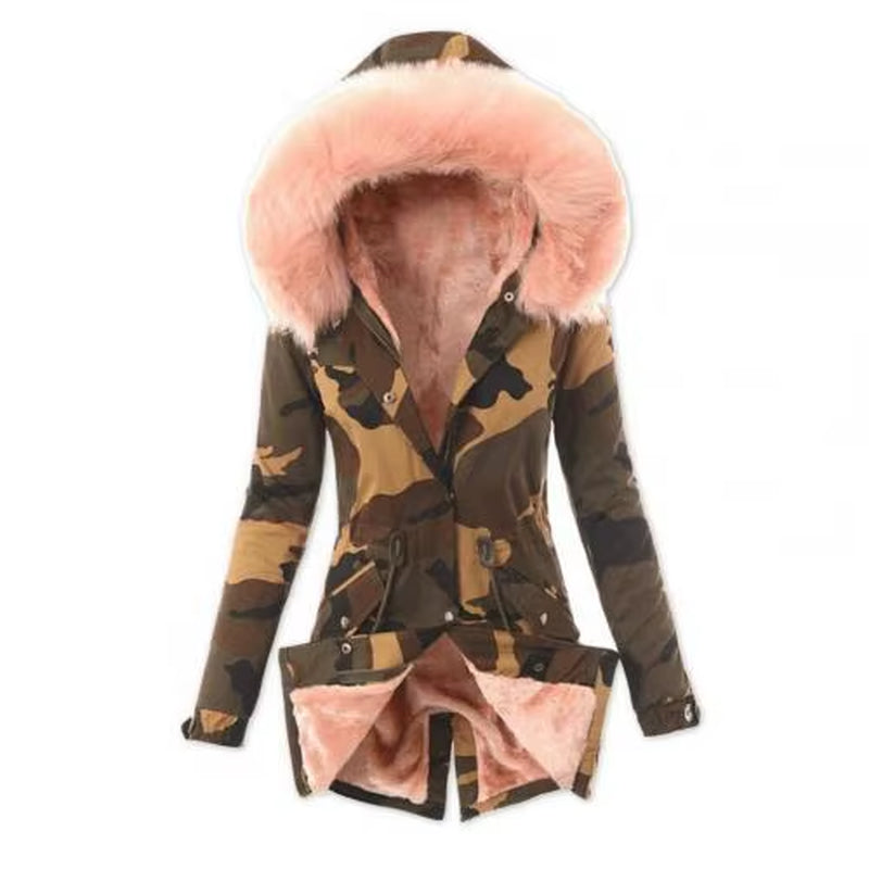 Stay Warm and Stylish: Trendy Thickened Fleece Lined Women’s Camouflage Jacket with Turtleneck and Button Closure