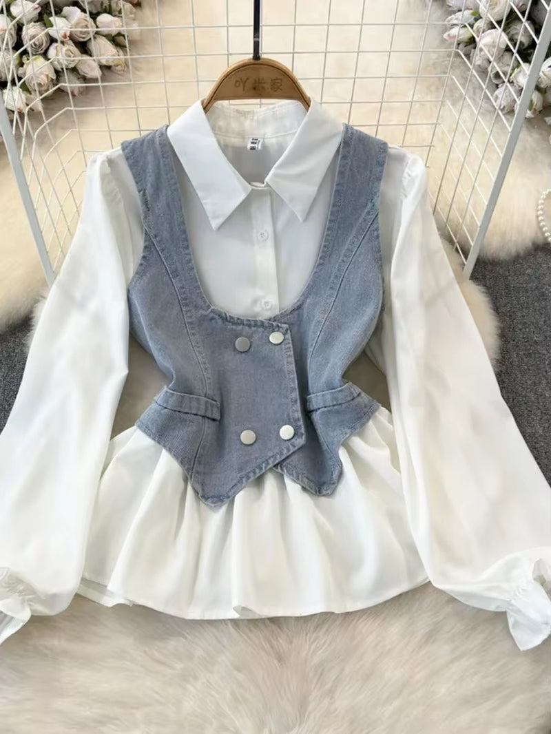 Spring Autumn Women'S Vest Two Piece Set Long Sleeved Waist Lotus Leaf Shirt Two Piece Set Denim Vest Tank Top Women'S Top ML572