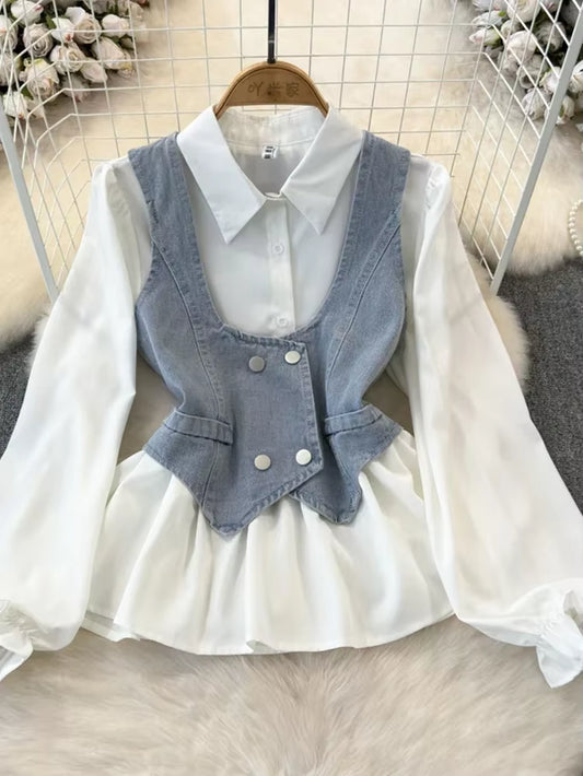 Spring Autumn Women'S Vest Two Piece Set Long Sleeved Waist Lotus Leaf Shirt Two Piece Set Denim Vest Tank Top Women'S Top ML572