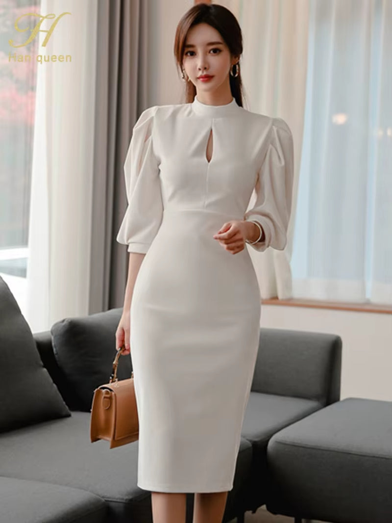 Hot Sale Autumn Fashion Stand Collar Puff Sleeve Female Pencil Bodycon Dress Slim Solid Color Midi Casual Dresses
