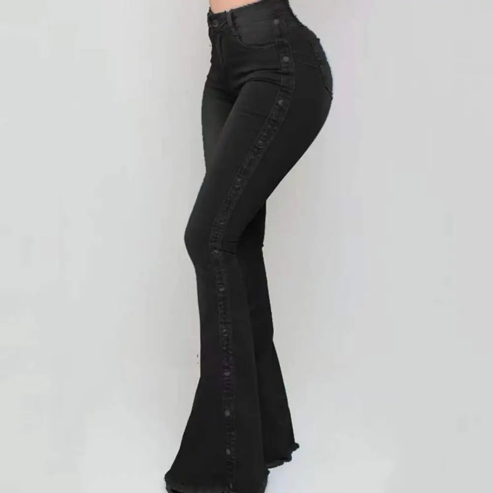 Mid Waisted Stretch Flare Jeans Women Denim Pants Wide Leg Butt-Lifted Casual Korean Style Skinny Bell Bottom Pocket Trousers