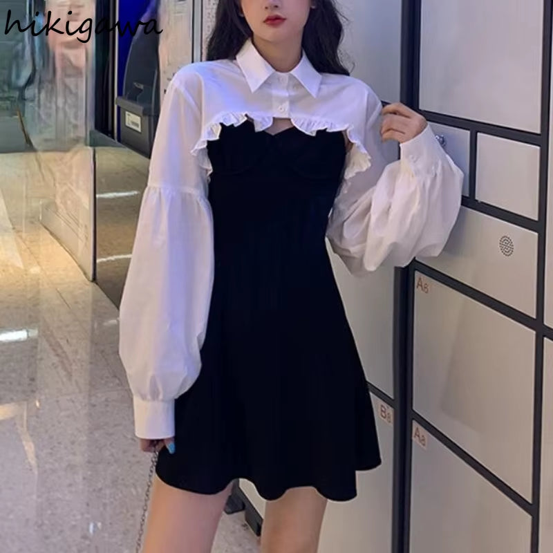 Women Clothing Sets Lantern Sleeve Short Loose Shirts with Black Solid 2025 Korean Fashion Women'S Dress Two Piece Suit